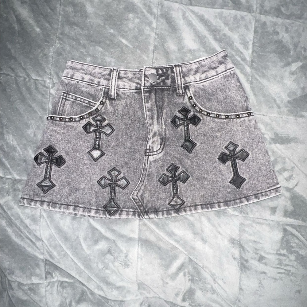 Embellished Gray Denim Mini Skirt